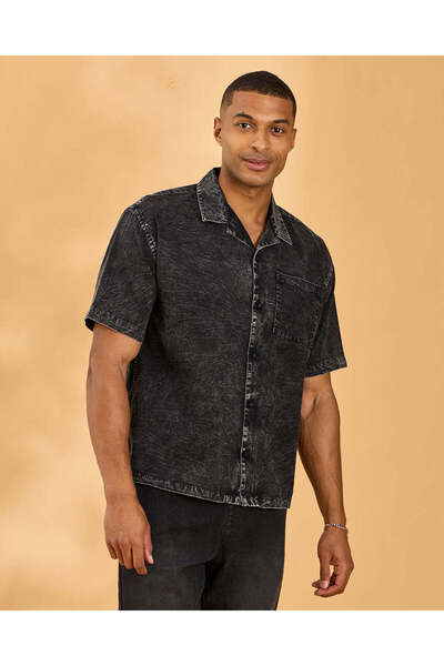 REDTAG Black Acid Wash Resort Collar Twill Shirt