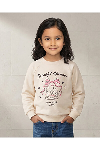REDTAG Girls Beige Placement Print Fleece Sweatshirt