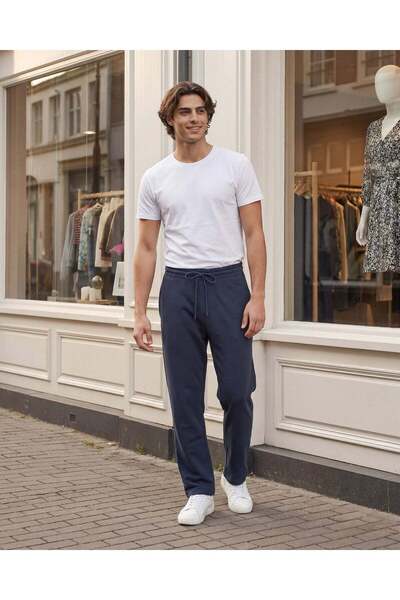 REDTAG بنطال بيجاما رجالي من قطن تيري باللون الأزرق الداكن