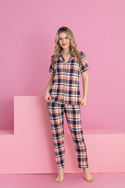 Medinenur Plaid Patterned Milan Knitted Short Sleeve Buttoned Pajama Set