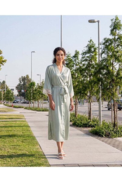 REDTAG Women Green Satin Long Robe With Lace
