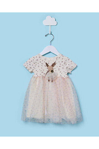 REDTAG فستان شبكي كريمي اللون للبنات الصغيرات مزين بتطريز ثلاثي الأبعاد