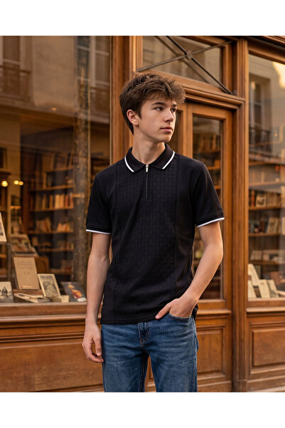 REDTAG Senior Boys Black Flock Polo Shirt