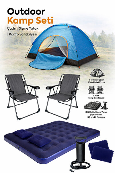 Walke Premium Seri Kamp Seti 4 Kişilik Çadır Çift Kişilik Yatak 2 Adet Antras...