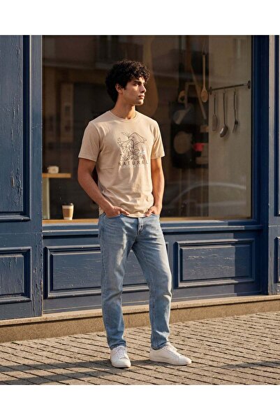 REDTAG تي شيرت رجالي مطبوع باللون البيج