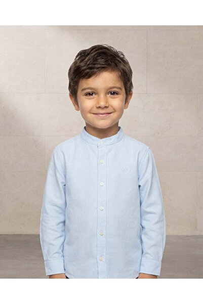 REDTAG Boys Blue Mandarin Collar Long Sleeve Shirt
