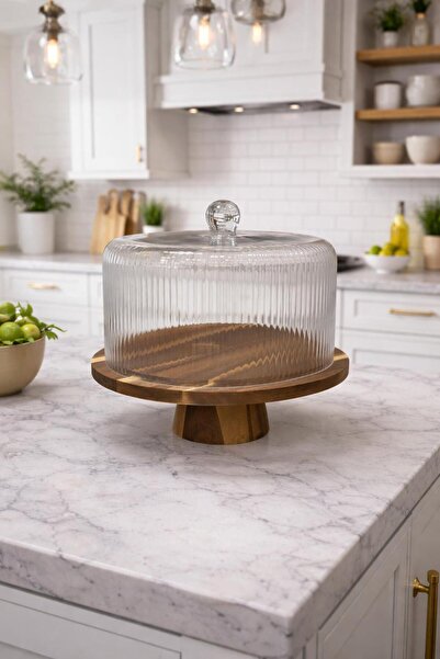 MİEN صينية كيك زجاجية بقاعدة مخططة 31 سم موديل بيضاوي TKEBT شفاف