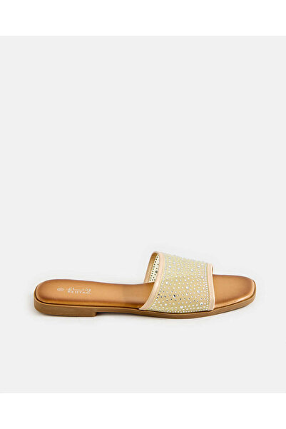 REDTAG Women Beige Lace Upper Glitter Stone Mule