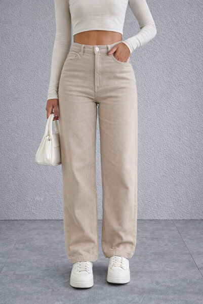 Polo State Women's High Waist Straight Leg Beige Jean Pants