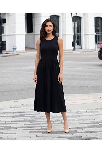 REDTAG Women Black Ribbed Midi Dress
