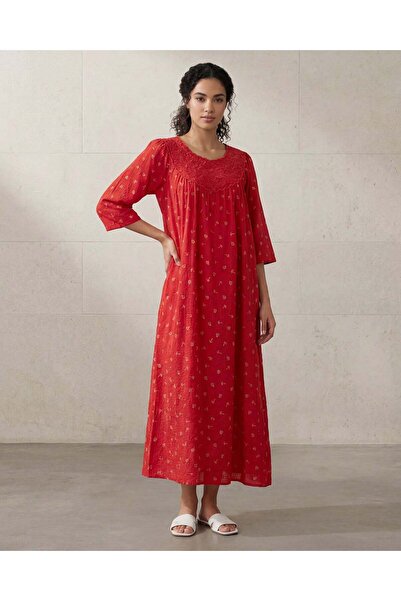 REDTAG Women Red Lace Neck Long Sleeves Nightgown