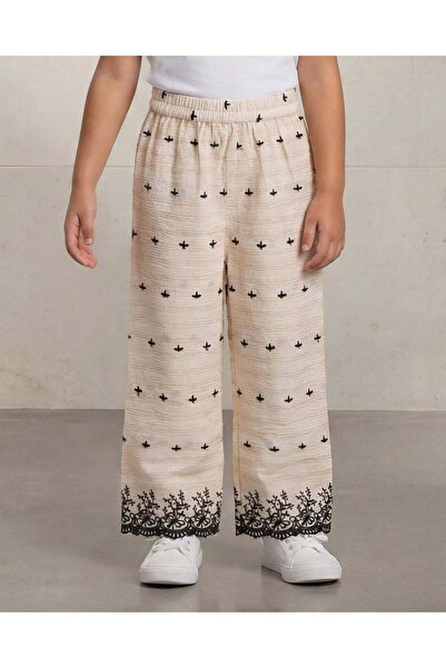 REDTAG Girls Beige Schiffli Wide Leg Trousers