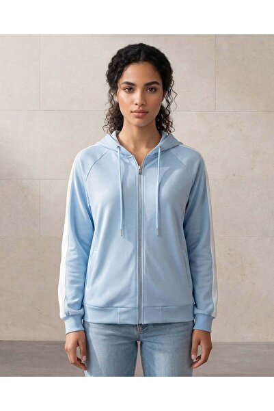 REDTAG Women Blue Hooded Zip Sweatshirt