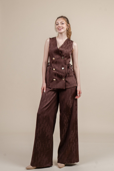 MissVina Side Piping Detailed Vest and Elastic Waist Pocketed Trousers Set 1268