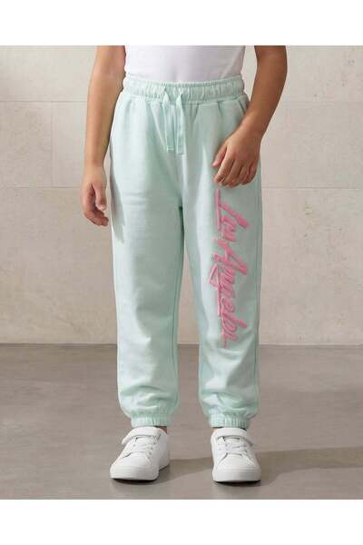 REDTAG Girls Mint Green Graphic Terry Cotton Track Pants