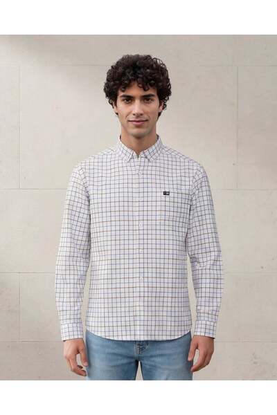 REDTAG قميص أكسفورد رجالي أزرق بنقشة مربعات وأزرار أمامية