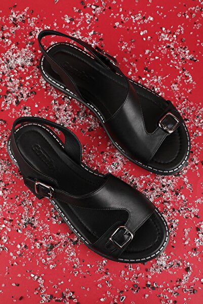 Gondol Hakiki Deri Topuklu Klasik Günlük Sandalet ez.5407mt Siyah