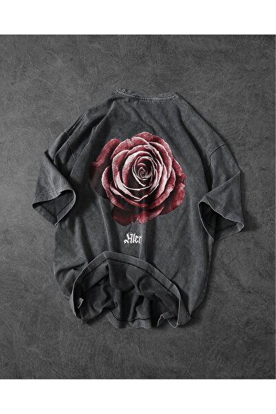 Mella&Co Füme Yıkamalı Oversize T-shirt Japon Samuray Kedi Baskılı Vintage St...