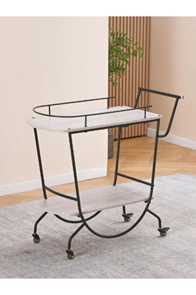 BEC30 Modern two-tier wooden serving trolley with black metal frame