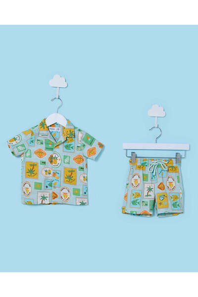 REDTAG Infant Boys Blue All Over Print Shirt & Shorts Set