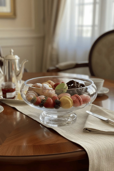 Jenisa El Yapımı Sade Cam Ayaklı Sunum Kasesi - Salata Kasesi Sunumluk 13x20 cm