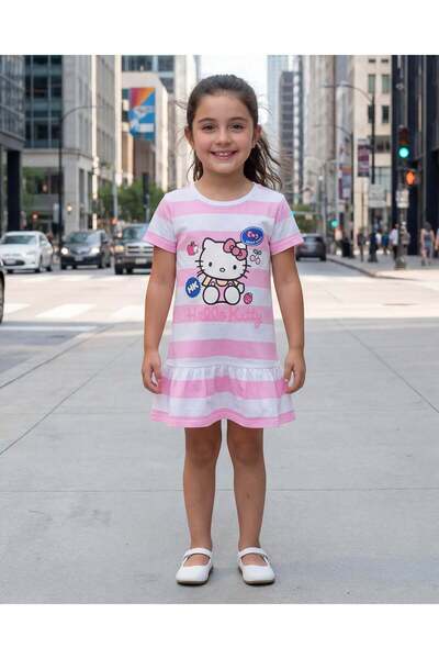 REDTAG Girls Pale Pink Hello Kitty Striped Knit Dress