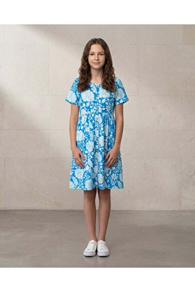 REDTAG فستان صيفي أزرق مطبوع بأزرار للبنات الكبيرات