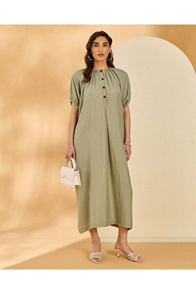 REDTAG فستان ميدي أخضر بأزرار أمامية للنساء