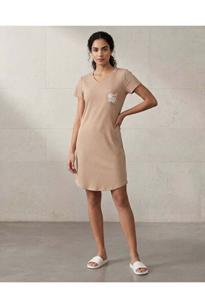 REDTAG Women Beige Allover Print Short Sleeve Nightshirt