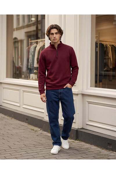 REDTAG Men Burgundy Half Zip Sweatshirt with Chest Logo