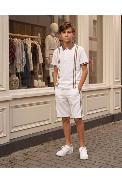 REDTAG طقم ملابس للأولاد الكبار، أبيض، من قماش جاكار، يتكون من قميص بولو أبيض...