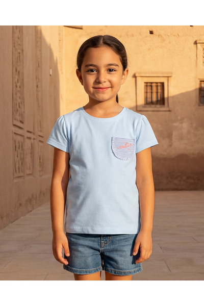 REDTAG تيشيرت بناتي أزرق مزين بتطريزات