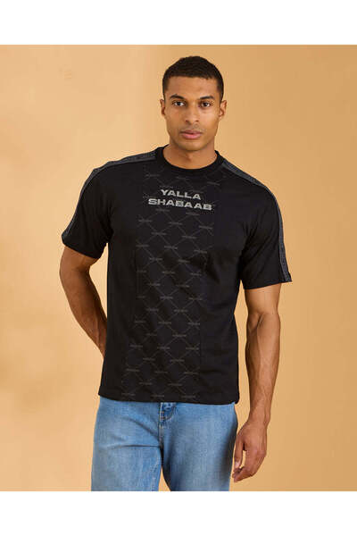 REDTAG Men Black Foil Printe T-Shirt