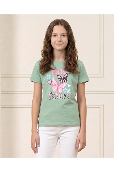 REDTAG تيشيرت بأكمام قصيرة مطبوع عليه شعار أخضر للبنات في المرحلة الثانوية