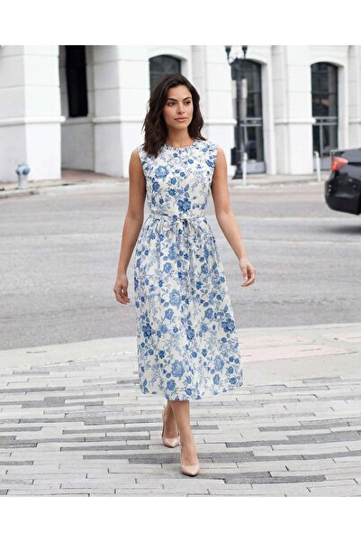 REDTAG فستان بدون أكمام نسائي أزرق مطبوع بالكامل بدون أكمام