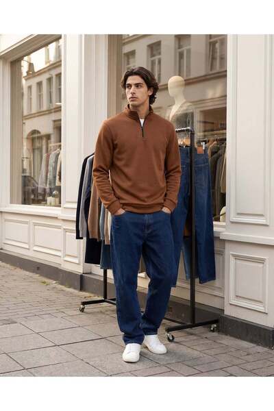 REDTAG Men Orange Half Zip Sweatshirt with Chest Logo