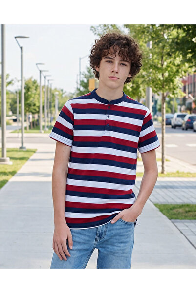 REDTAG تيشيرت أحمر بياقة ماندرين للأولاد الكبار