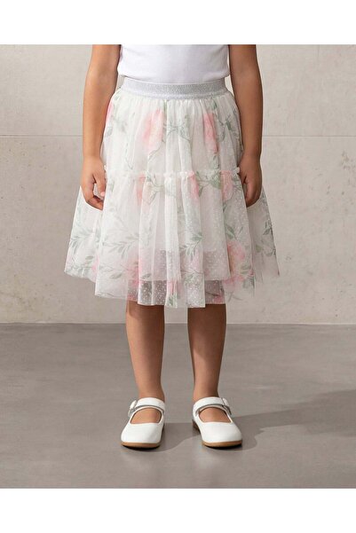 REDTAG تنورة شبكية مطبوعة بالكامل بنقشة وردة بيضاء للبنات