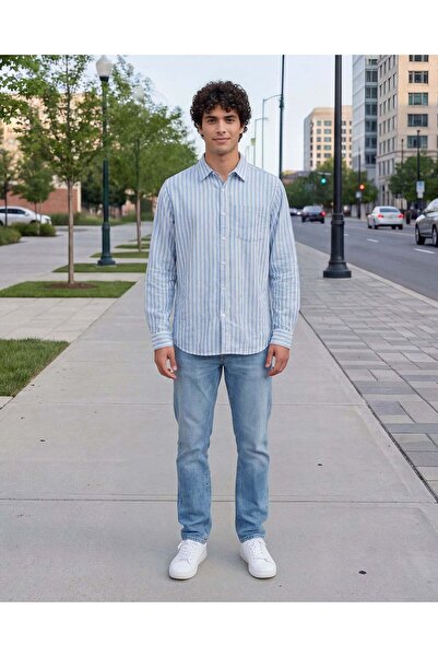 REDTAG قميص رجالي مخطط بأكمام طويلة باللون الأزرق البحري