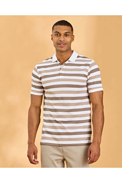 REDTAG Men Brown Striped Classic Polo Shirt