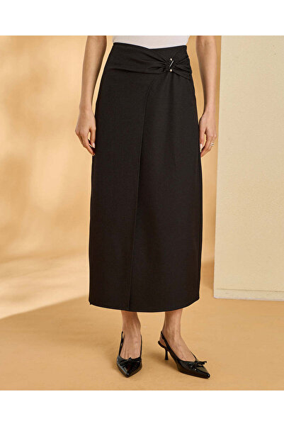 REDTAG Women Black Front Twist Detailed Wrap Midi Skirt
