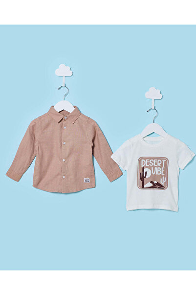 REDTAG كتان قمصان قطن للأطفال الرضع، لون بيج وأبيض، قطعتين