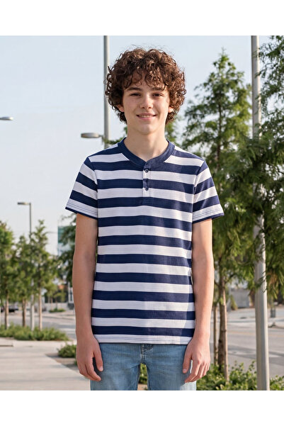 REDTAG قميص بولو مخطط الكحلي والأبيض للأولاد الكبار بياقة ماندرين