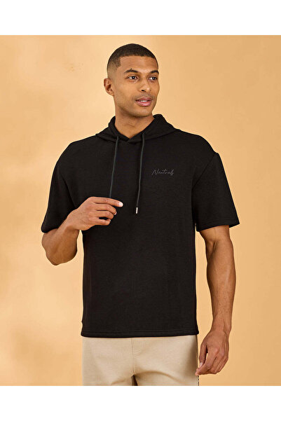 REDTAG Men Black Modal Lounge Hooded T-Shirt