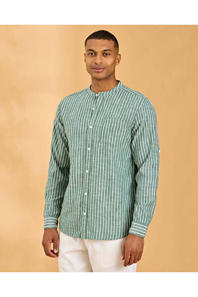 REDTAG قميص رجالي أخضر مخطط من قطن الخشن بياقة ماندرين