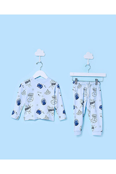 REDTAG طقم بيجاما بأكمام طويلة للأطفال الرضع، لون أزرق فاتح بنقشة كاملة