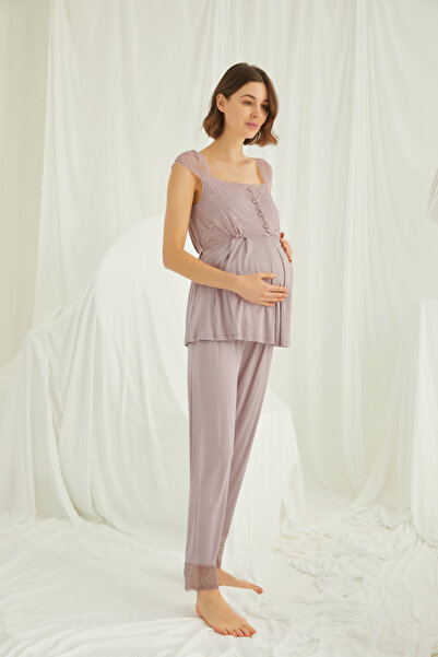 MONAMİSE Women'S, Viscose, Mink, Lace, Buttoned Front, Maternity Pajama Set