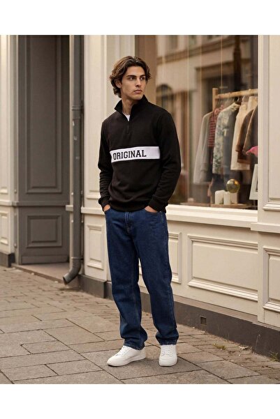 REDTAG Men Black Half Zip Cut & Sew Sweatshirt