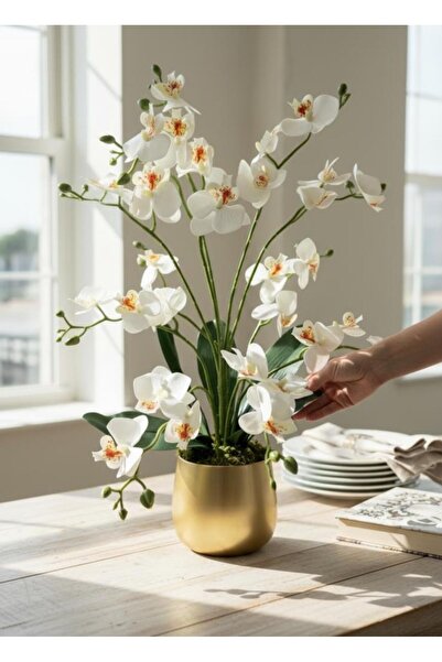 Nettenevime Yapay Çiçek Beyaz 9 Dallı Islak Orkide Gold Altın Metal Saksıda S...