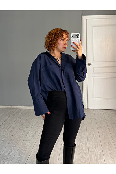 Bak'ap Premium Cotton Oversize Long Navy Blue Poplin Shirt